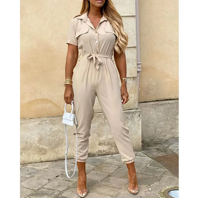 Pink Buttoned Lapel Overalls Set for Women - Image 13