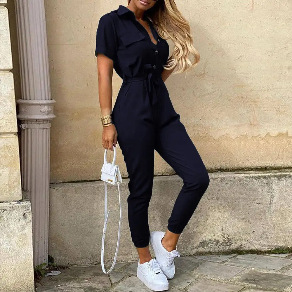 Pink Buttoned Lapel Overalls Set for Women - Image 11