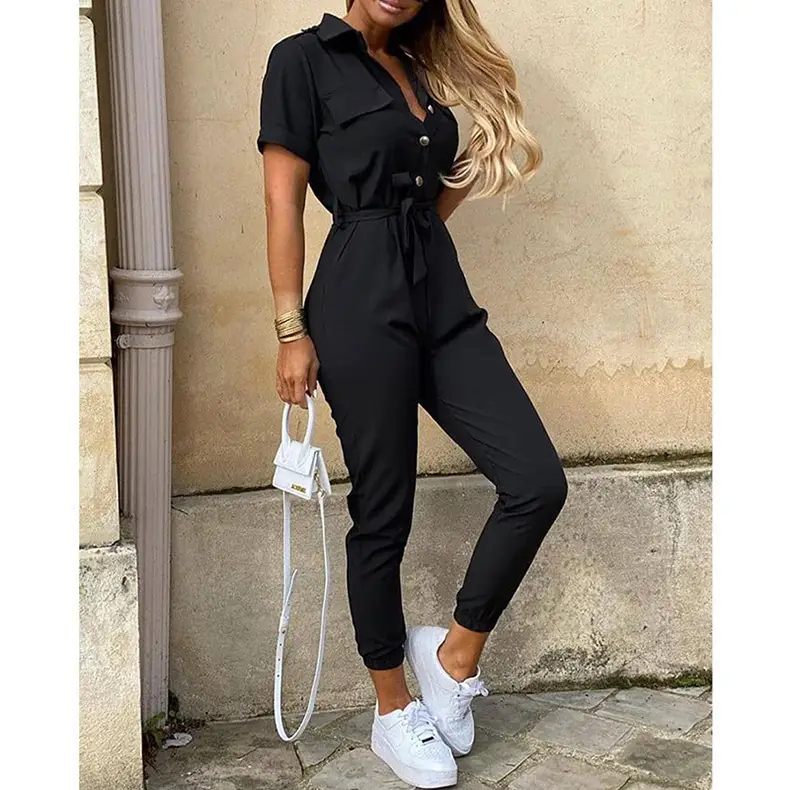 Pink Buttoned Lapel Overalls Set for Women - Image 2