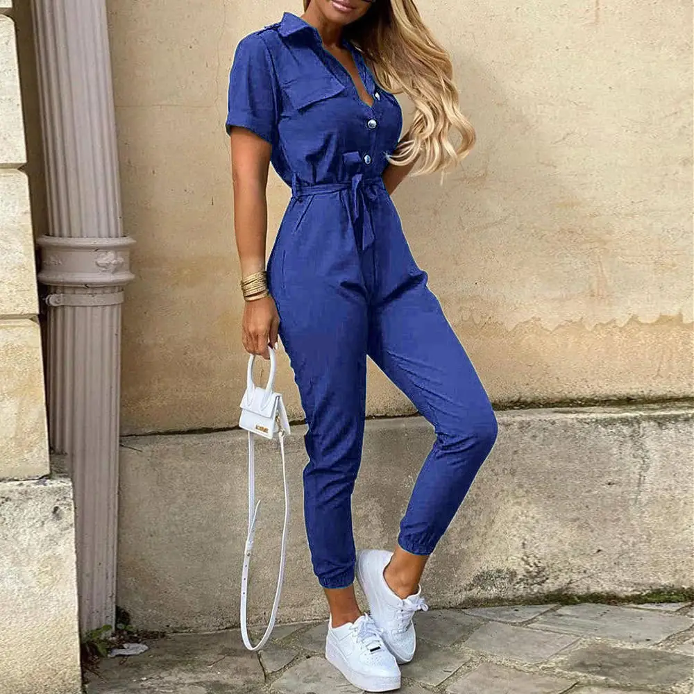 Pink Buttoned Lapel Overalls Set for Women - Image 3