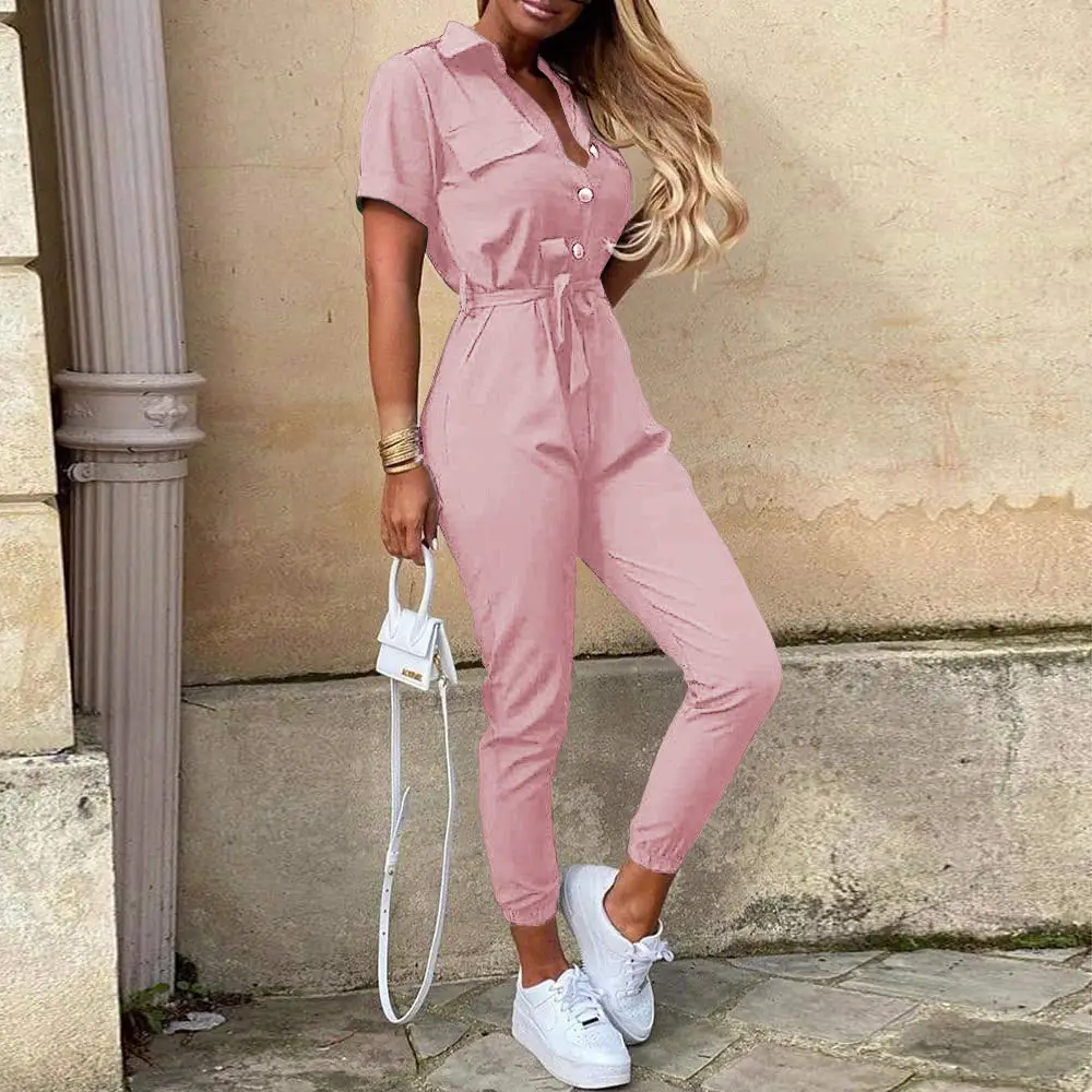 Pink Buttoned Lapel Overalls Set for Women - Image 4