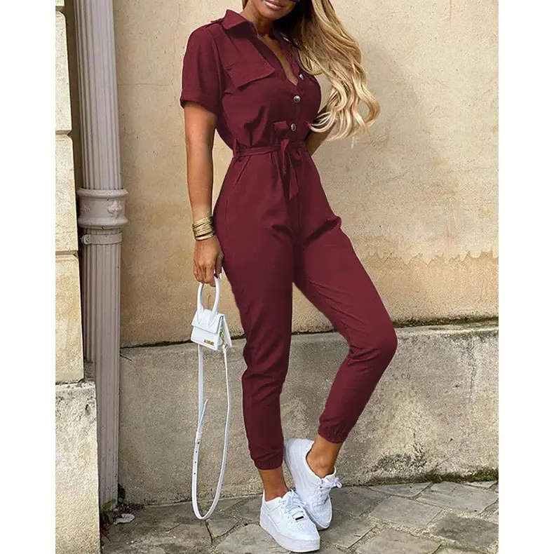 Pink Buttoned Lapel Overalls Set for Women - Image 5