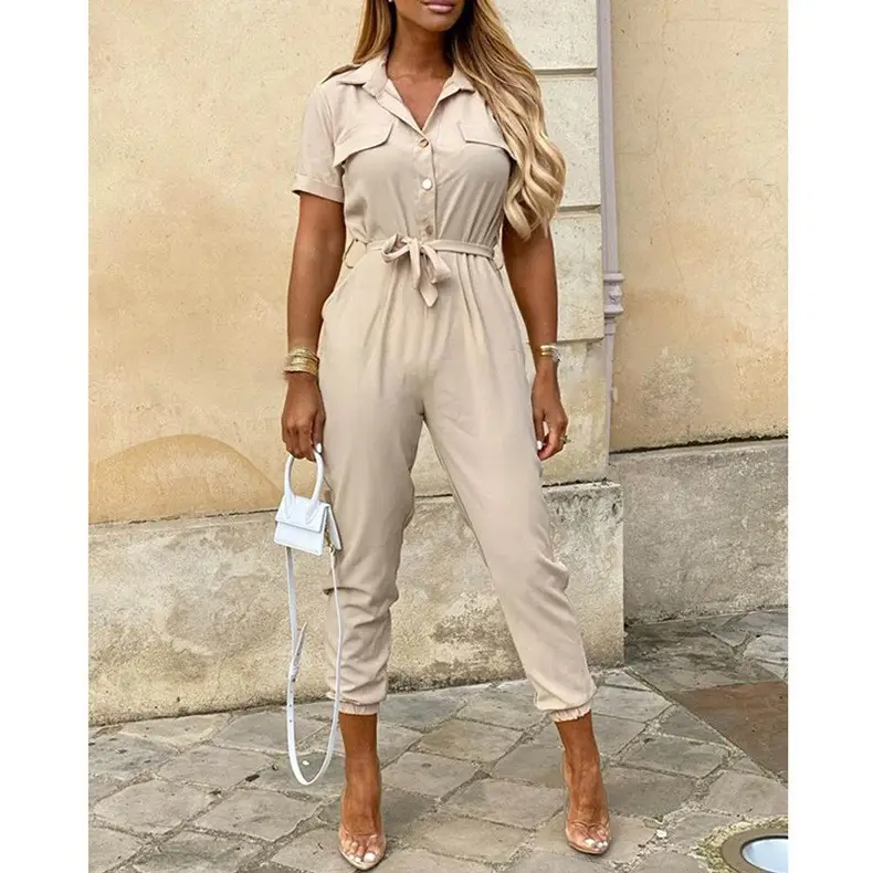 Pink Buttoned Lapel Overalls Set for Women - Image 6