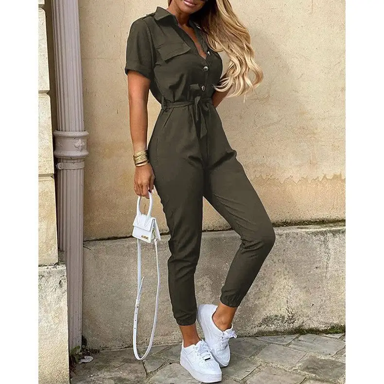 Pink Buttoned Lapel Overalls Set for Women - Image 7