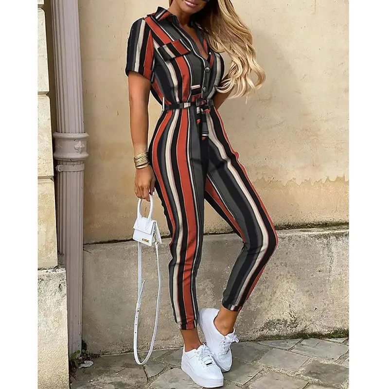 Pink Buttoned Lapel Overalls Set for Women - Image 8