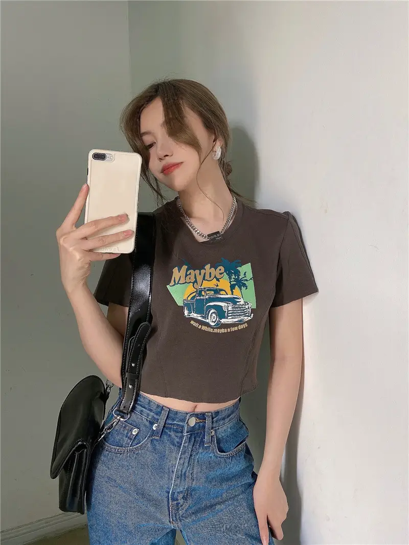 Women Printed T-Shirt Brown 2025 Summer Style