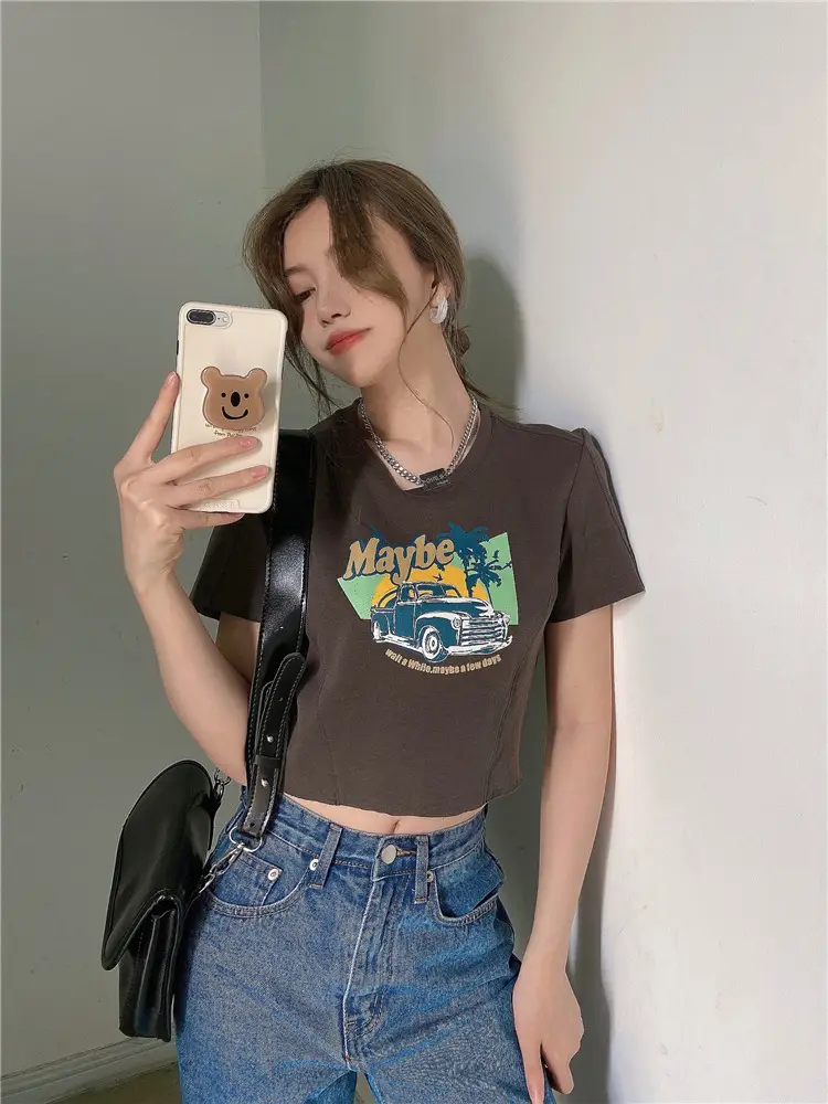 Women Printed T-Shirt Brown 2025 Summer Style — feature 14