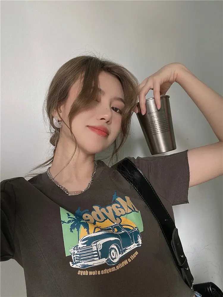 Women Printed T-Shirt Brown 2025 Summer Style — feature 17