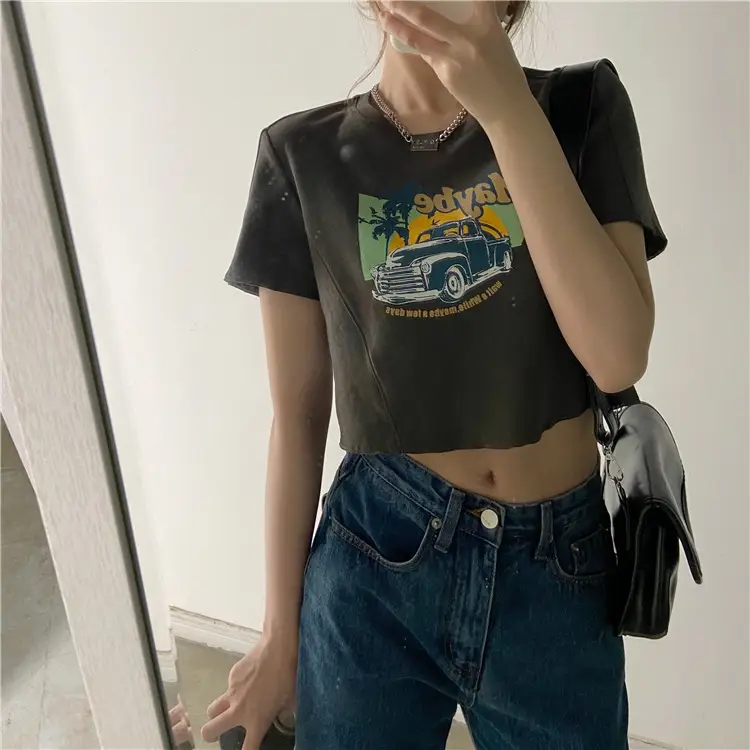 Women Printed T-Shirt Brown 2025 Summer Style — feature 19