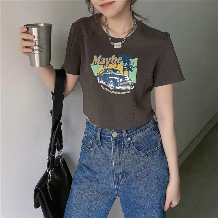Women Printed T-Shirt Brown 2025 Summer Style — feature 22