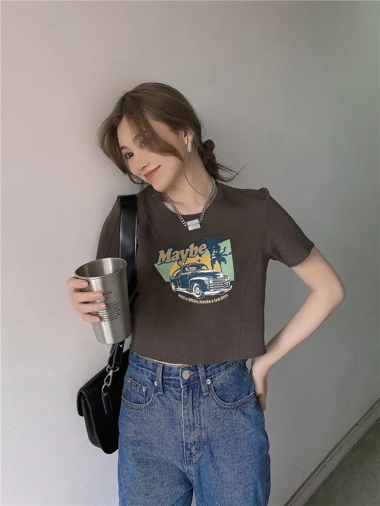 Women Printed T-Shirt Brown 2025 Summer Style — feature 23