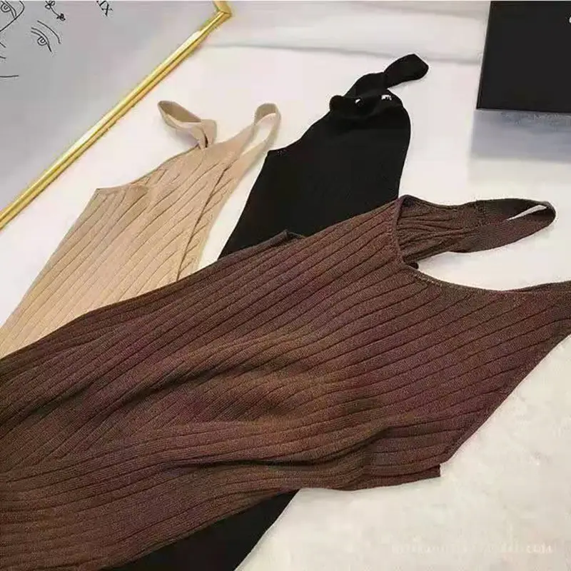 Black Slim Knitted Vest Dress Mid-Length Elegant - Image 6