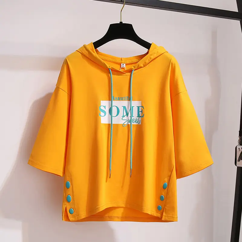 2025 Summer Hooded T-Shirt Yellow Women Loose Korean Style - Image 5