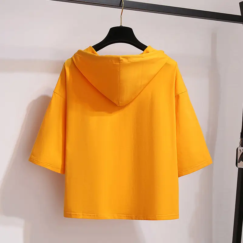 2025 Summer Hooded T-Shirt Yellow Women Loose Korean Style - Image 7