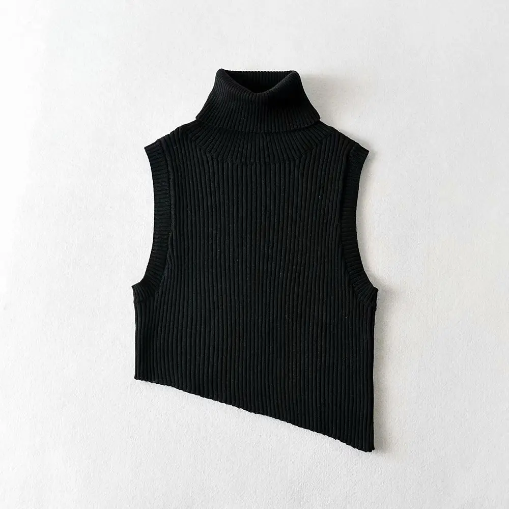 White Irregular Knit Sleeveless Top with High Neck