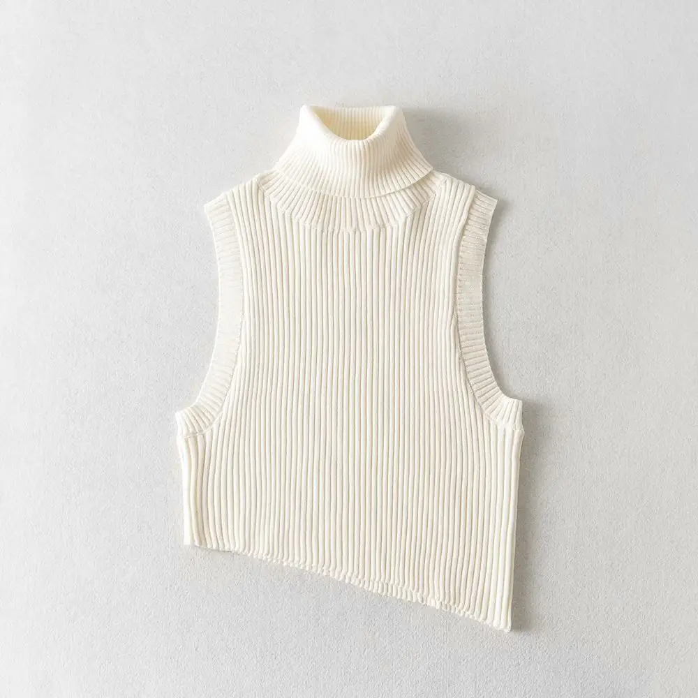 White Irregular Knit Sleeveless Top with High Neck
