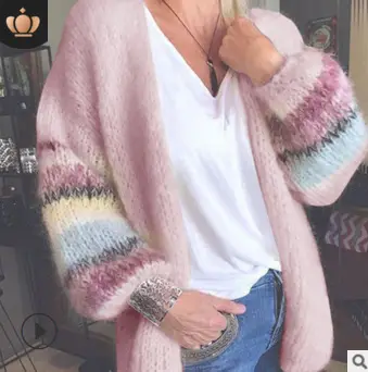 2021 Striped Mohair Cardigan Women's Winter Coat - Image 8