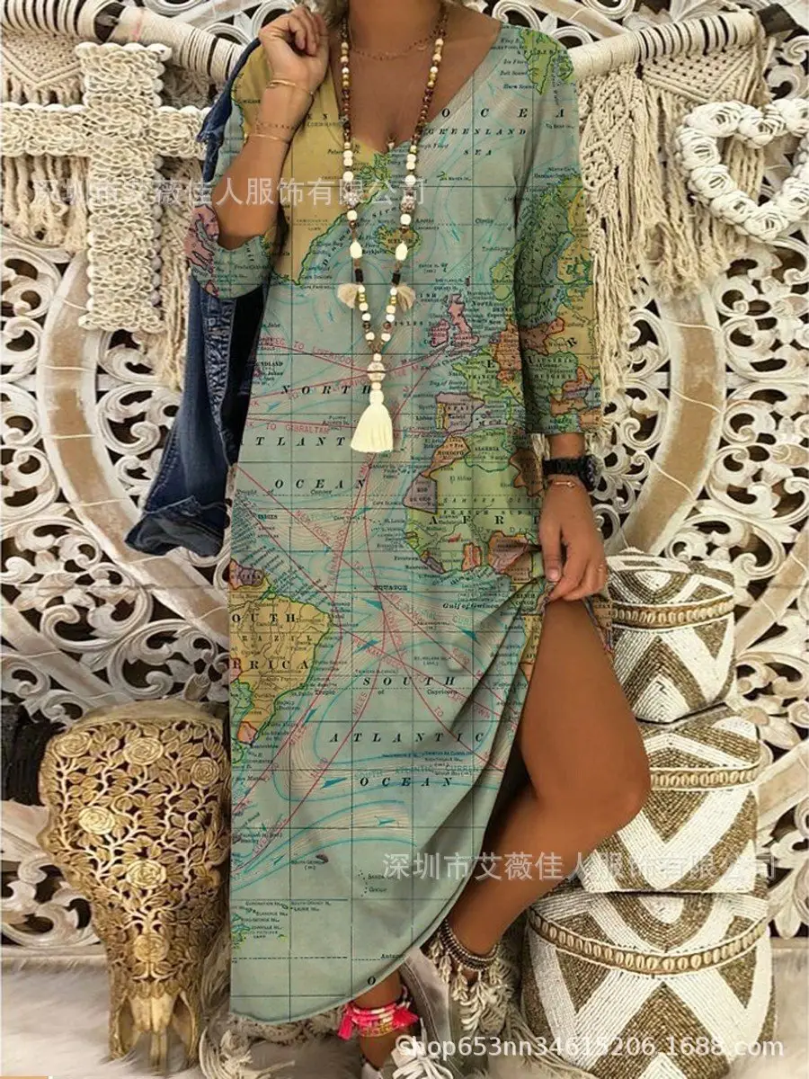 2023 Map Printed V-Neck Long Dress for Women - Image 5