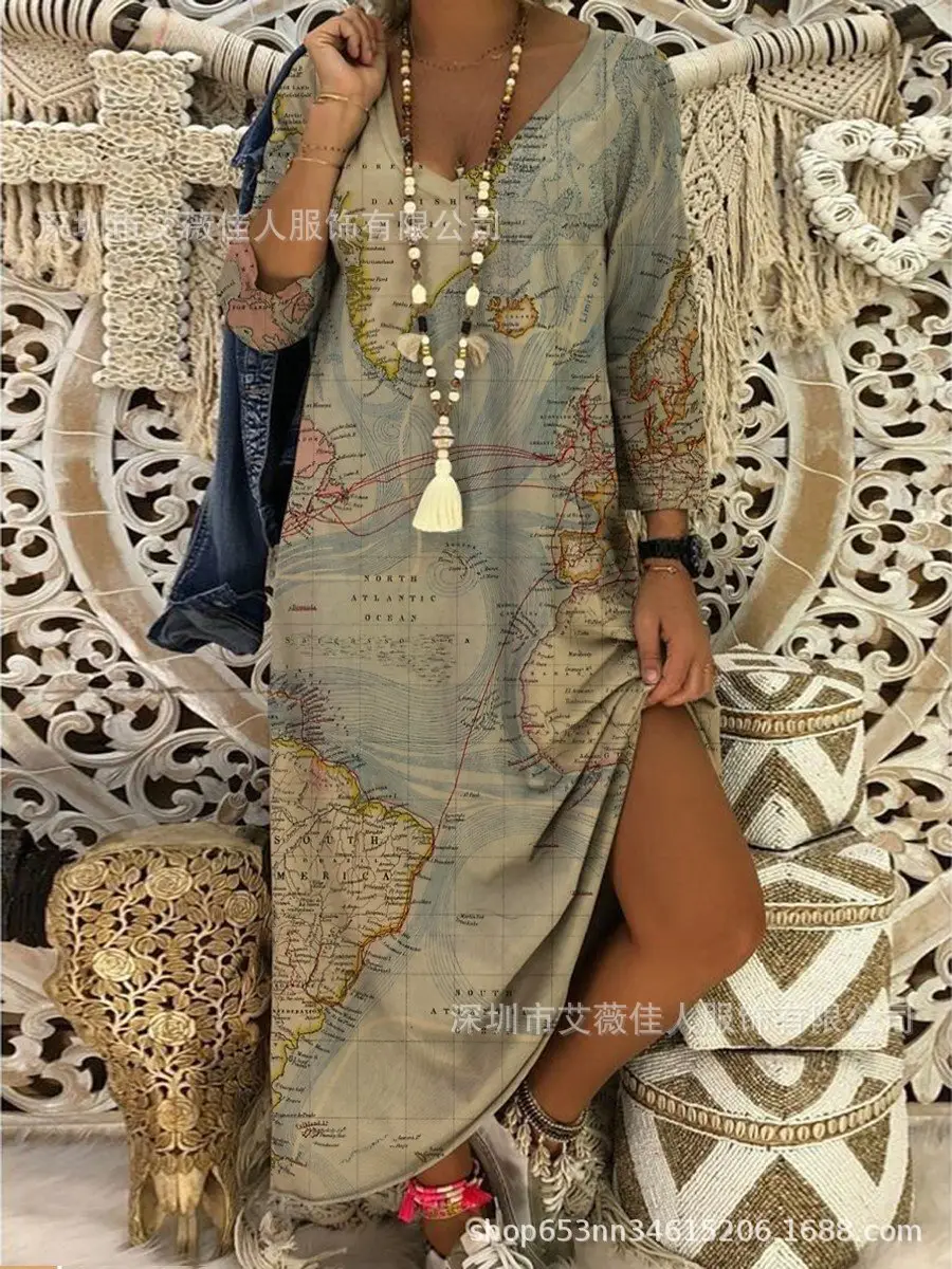 2023 Map Printed V-Neck Long Dress for Women - Image 6