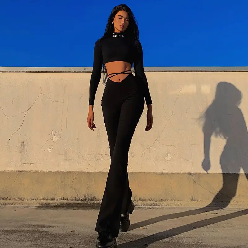 Black V-Neck Flare Pants for Women - Image 3
