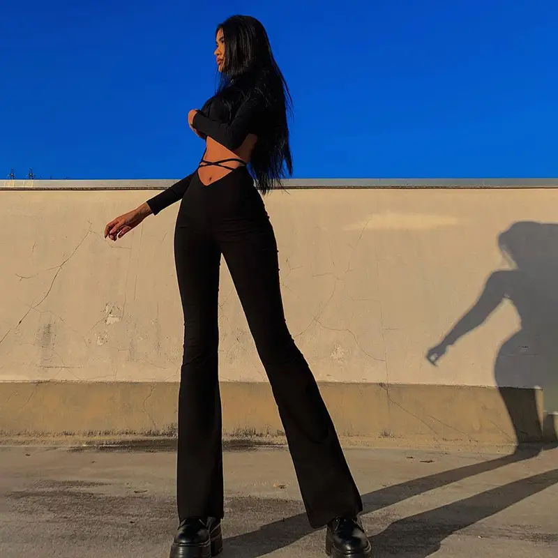 Black V-Neck Flare Pants for Women - Image 4