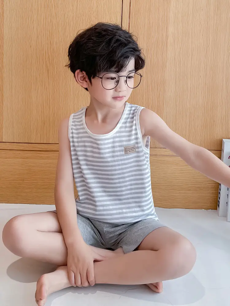 Children's Blue Sleeveless Pajamas Set Summer Boys Pure Cotton - Image 5