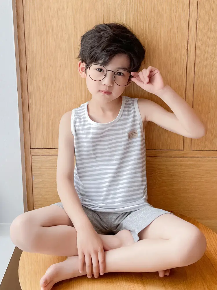 Children's Blue Sleeveless Pajamas Set Summer Boys Pure Cotton - Image 6
