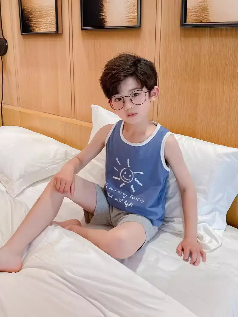 Children's Blue Sleeveless Pajamas Set Summer Boys Pure Cotton - Image 7