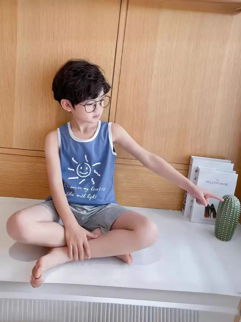 Children's Blue Sleeveless Pajamas Set Summer Boys Pure Cotton - Image 8