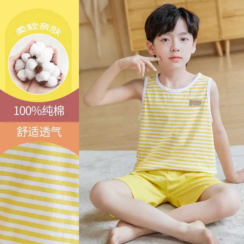 Children's Blue Sleeveless Pajamas Set Summer Boys Pure Cotton - Image 2
