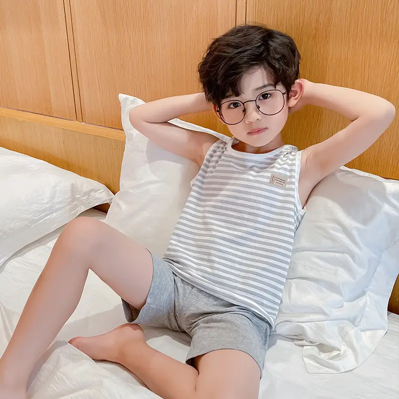 Children's Blue Sleeveless Pajamas Set Summer Boys Pure Cotton - Image 3