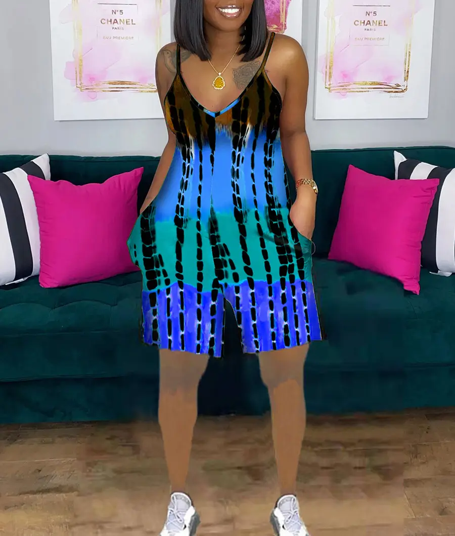 Women Tie-Dye Camo Summer Dress V-Neck Sling Loose Fit - Image 22