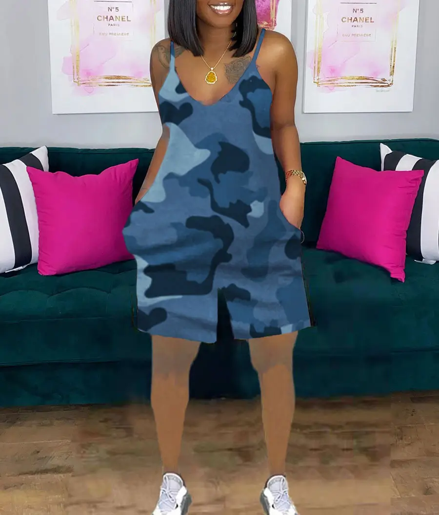 Women Tie-Dye Camo Summer Dress V-Neck Sling Loose Fit - Image 24