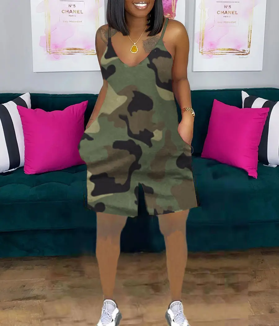 Women Tie-Dye Camo Summer Dress V-Neck Sling Loose Fit - Image 25