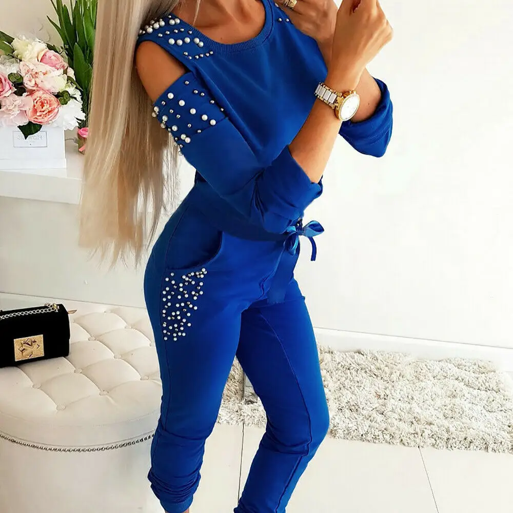 2021 Sexy Beaded Long Sleeve Sweatshirt Suit Women Black — feature 5