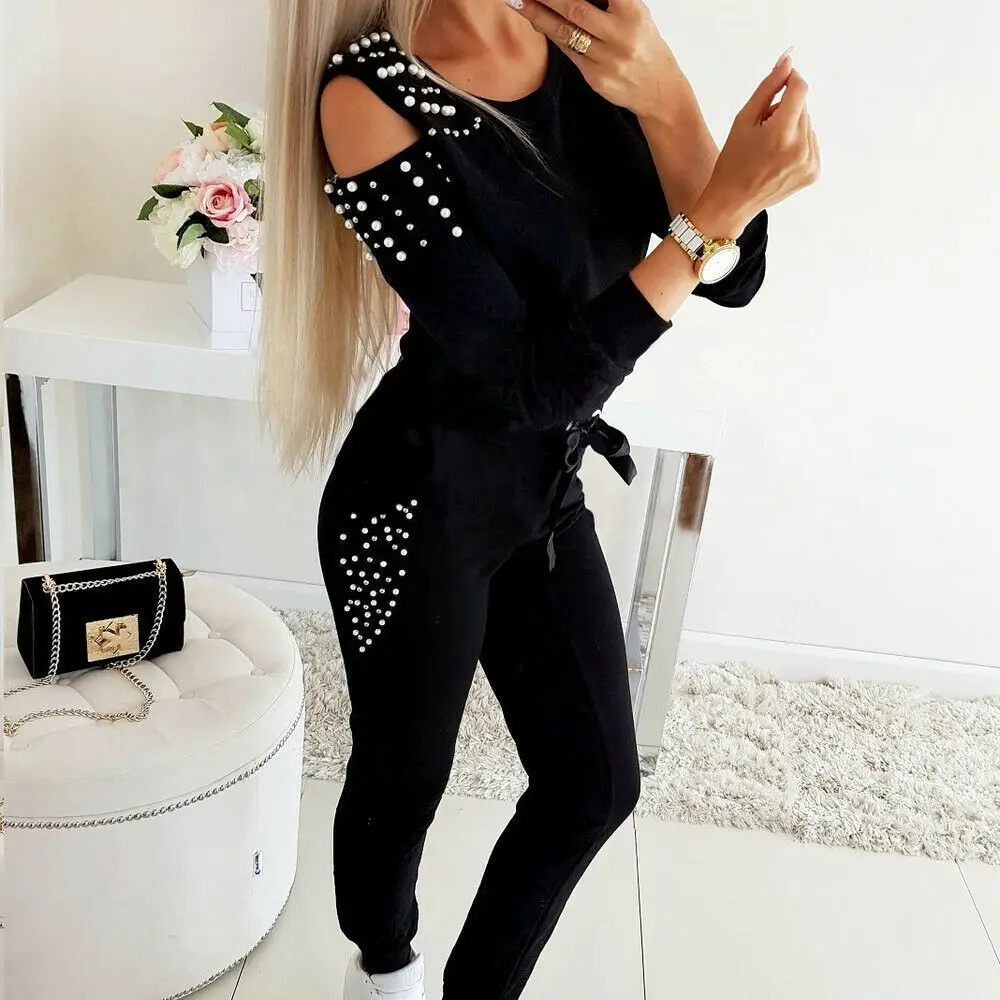2021 Sexy Beaded Long Sleeve Sweatshirt Suit Women Black — feature 8