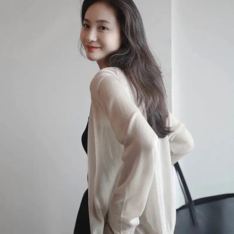 Women's Knitted Mustard Rice Grey Sweater with Silk Sleeve — feature 4