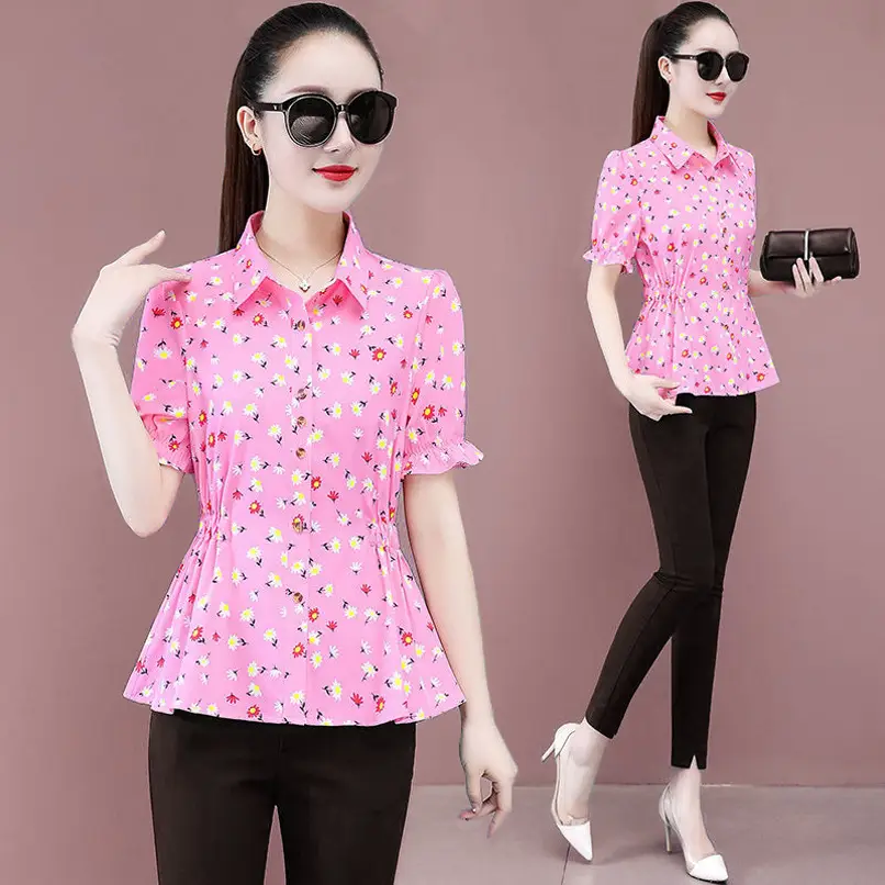 Women Printed Shirt Summer New Short Sleeve Slim Fit Large - Image 3