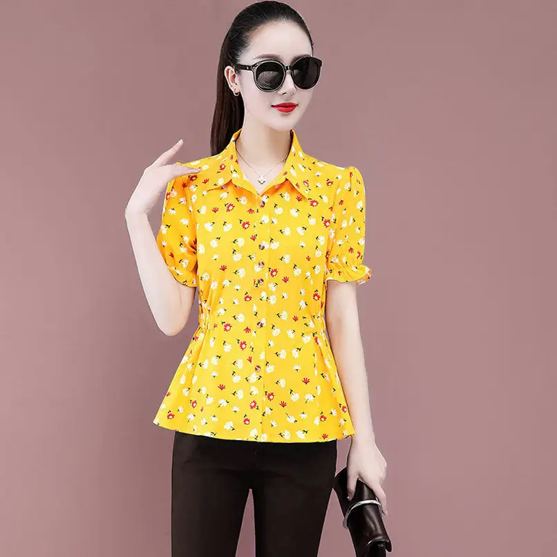 Women Printed Shirt Summer New Short Sleeve Slim Fit Large - Image 2
