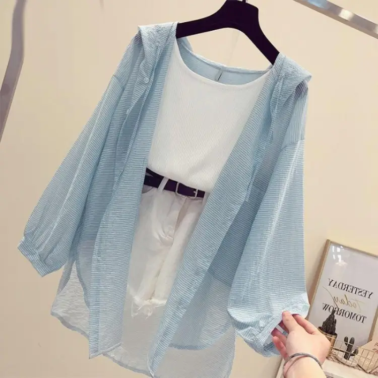 Light Blue Anti-Uv Hooded Cardigan for Women Mid-Length 2025 - Image 4