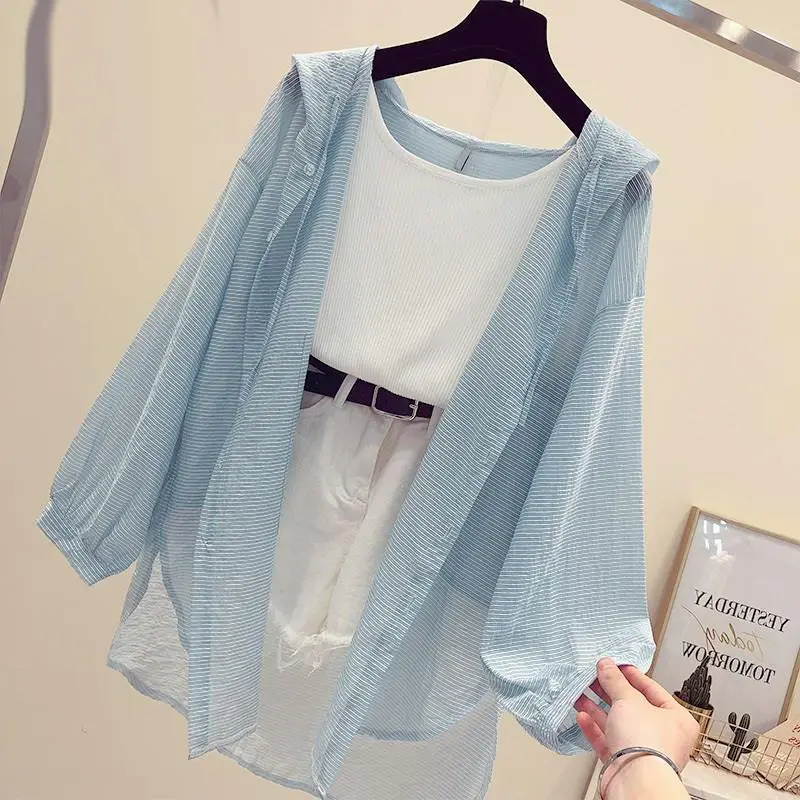 Light Blue Anti-Uv Hooded Cardigan for Women Mid-Length 2025 — feature 4