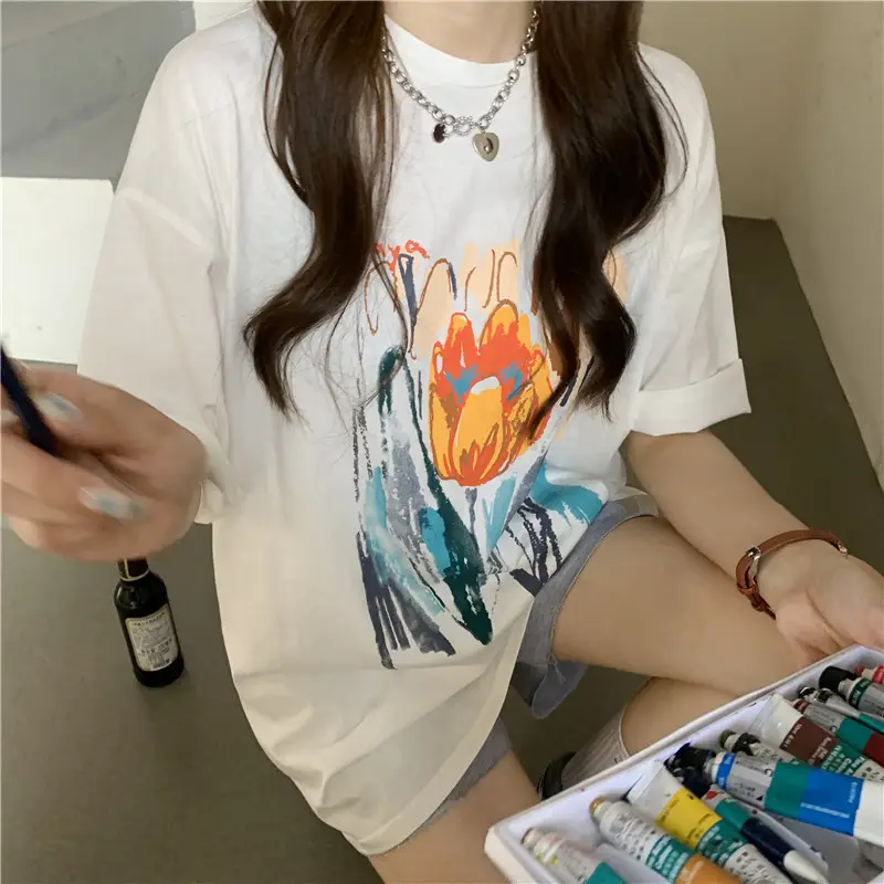 Women Printed T-Shirt Summer 2025 Large Retro Style — feature 27