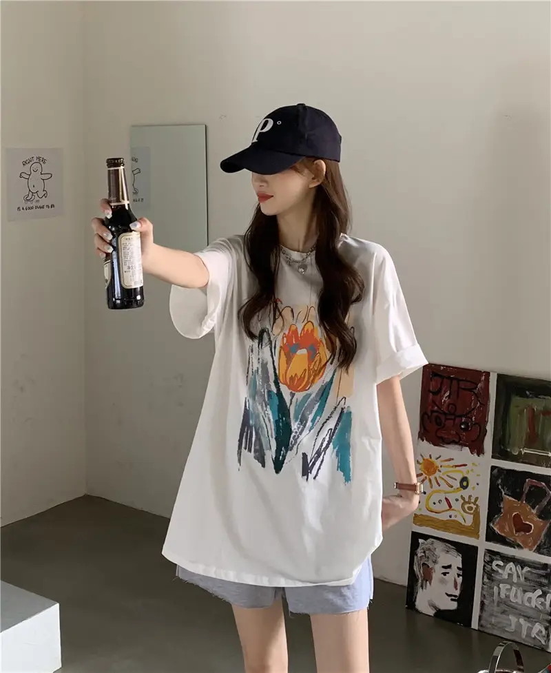 Women Printed T-Shirt Summer 2025 Large Retro Style — feature 33