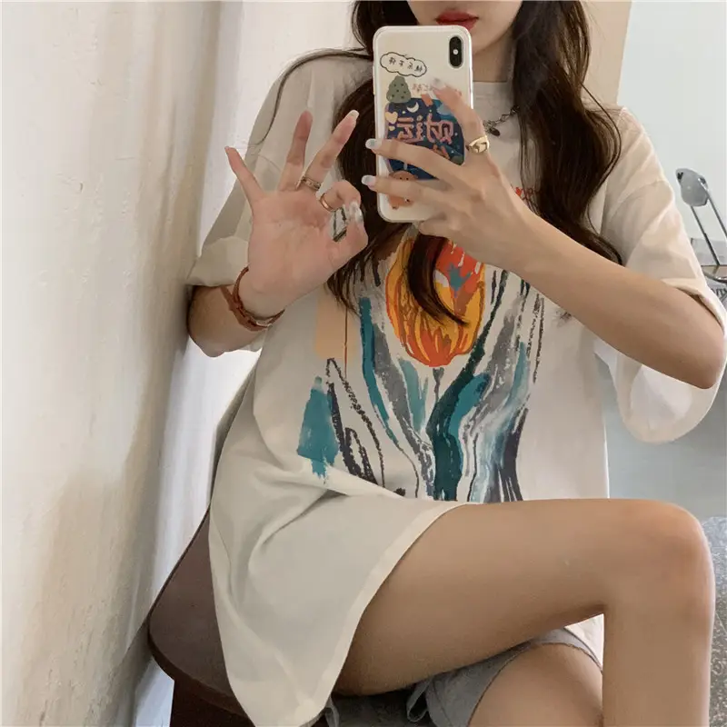 Women Printed T-Shirt Summer 2025 Large Retro Style — feature 39