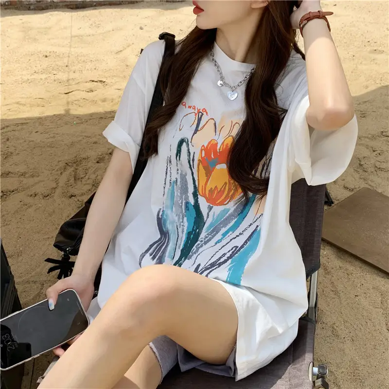 Women Printed T-Shirt Summer 2025 Large Retro Style — feature 45