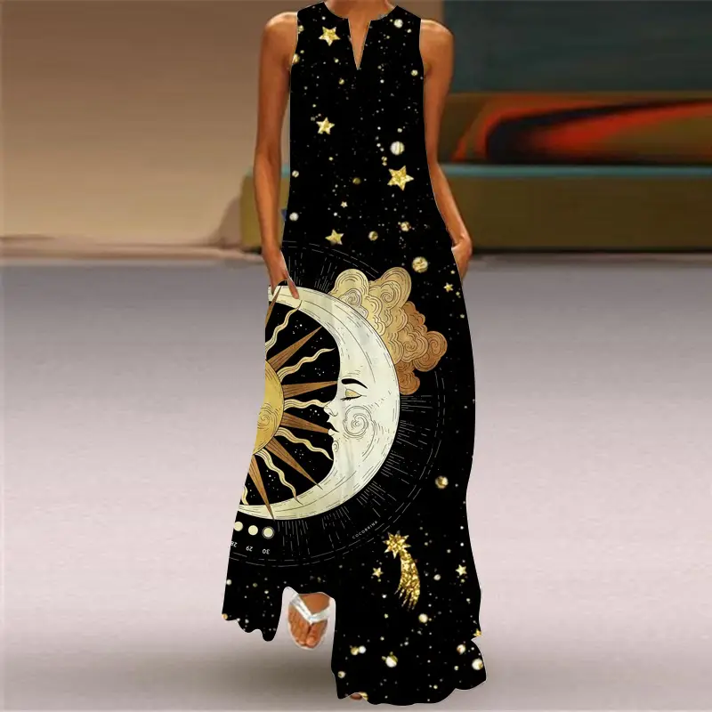 Printed Long Dress Black Floral Women Spring Summer - Image 6