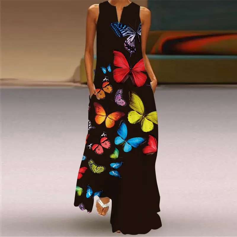 Printed Long Dress Black Floral Women Spring Summer - Image 7