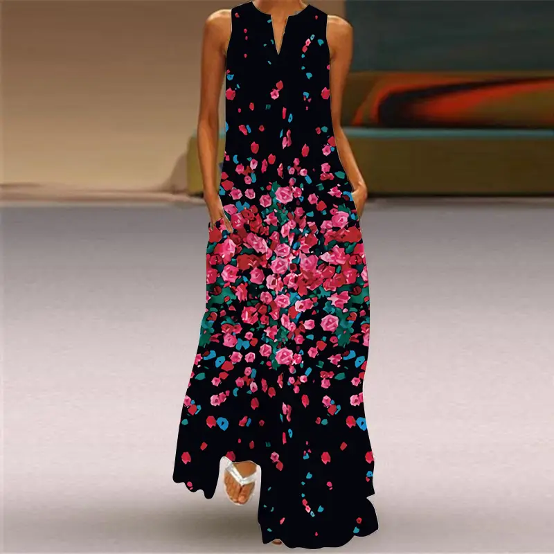 Printed Long Dress Black Floral Women Spring Summer - Image 8