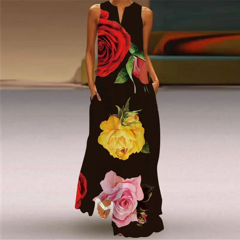 Printed Long Dress Black Floral Women Spring Summer - Image 2