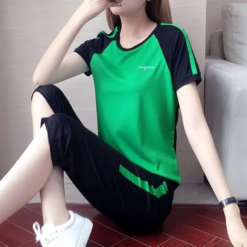 Women Running Sports Suit Green Black Large - Image 7
